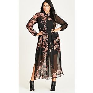 BNWT CityChic Black Floral Maxi Belted Shirt Dress